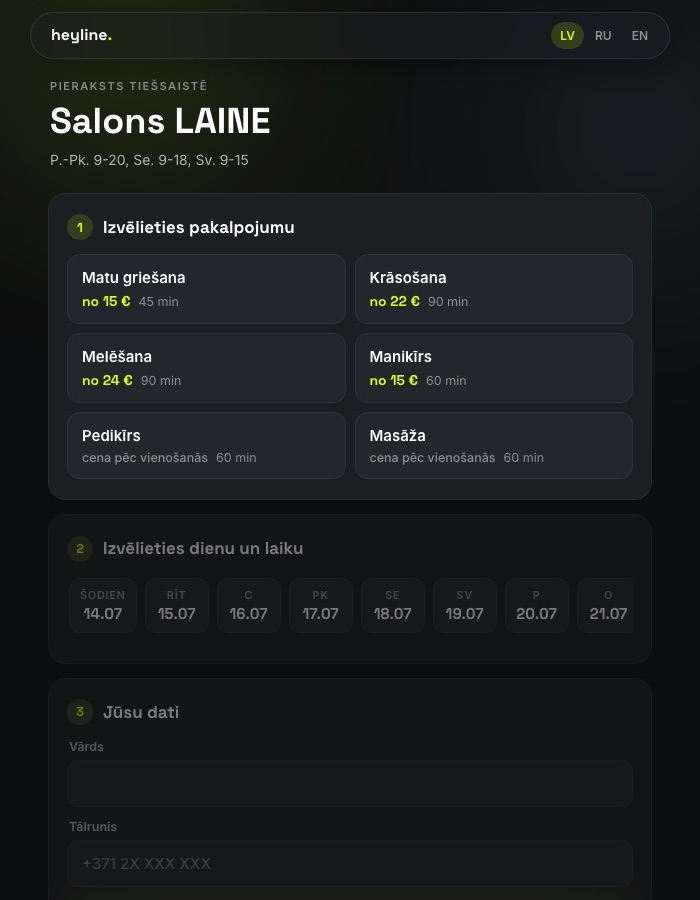 Heyline pieraksta lapa telefonā — pakalpojumi ar cenām un brīvie laiki